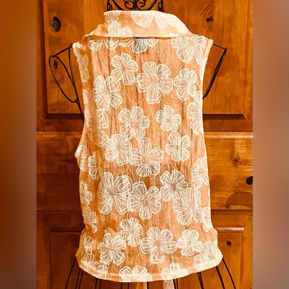 Wet Seal Sheer Button Up Front Tie Blouse Juniors Large Orange White Floral - Picture 2 of 6